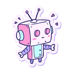 sticker of a cartoon robot in bright neon color