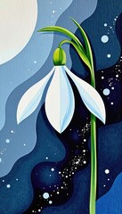 Artistic rendering of a delicate snowdrop bloom against a beautiful blue backdrop under the moonlight.
