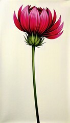 Captivating close-up of a vivid pink dahlia flower with green stem, showcasing its detailed petals and natural beauty against a plain background.