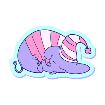 Naklejki sticker of a cartoon sleeping elephant in pajamas in bright neon color