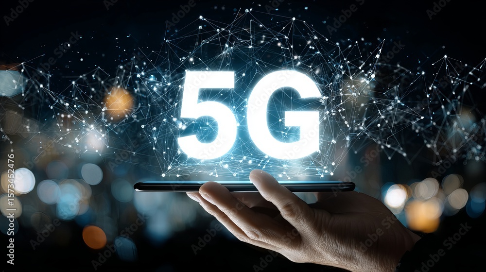 Poster hand holding a smartphone displaying a glowing 5g network with interconnected digital design element