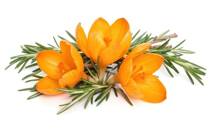 Three vibrant orange crocus blossoms with rosemary sprigs, isolated on pure white background. Botanical illustration features delicate flower petals, stamen, pistil detail. Image evokes freshness,