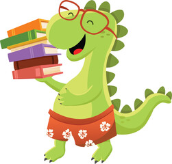 Cute Dinosaur Holding Pile Of Books