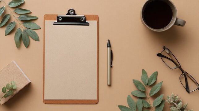 Flat lay of mini clipboard, planner, and writing supplies on beige background, with copy space