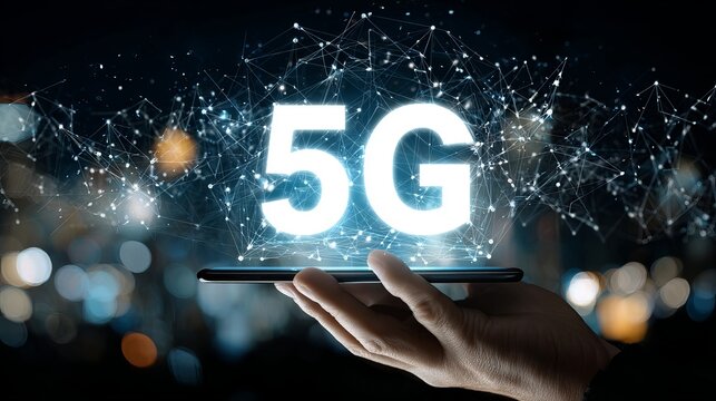 Hand holding a smartphone displaying a glowing 5G network with interconnected digital design elements in the background