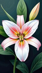 Delicate pink and white lily with water droplets exhibits a natural, artistic beauty against a dark backdrop.