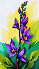 Artistic portrayal showcases vivid purple blossoms and verdant foliage against soft yellow backdrop.