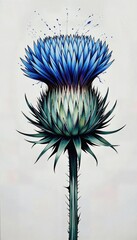 Vivid depiction showcases a spiky thistle flower with artistic blue and green hues, against a plain white canvas.