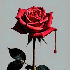 Saturated red rose with a single dripping droplet offers an intriguing, surreal, and captivating artistic floral presentation.