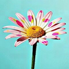 Delightful daisy blossoms against turquoise backdrop featuring vibrant pink and yellow dots adorning its petals.