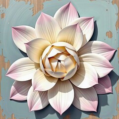Artistic presentation of a serene water lily blossom in pale pink and cream hues on a weathered painted wooden board.