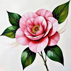 Exquisite pink camellia blossom with elegant green leaves on a soft background, a vibrant and detailed botanical illustration.