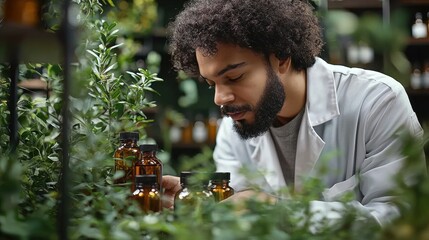 In holistic pharmacy setting, pharmacist in white coat skillfully blends herbal extracts into glass bottle surrounded lush greenery and natural elements for wellness