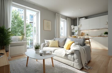 Bright and modern living room with open kitchen and natural light