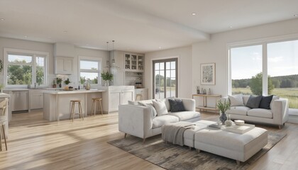 Bright open-plan kitchen, living area with hardwood floors. Modern suburban home design features comfortable sofas, stylish furniture, ample sunlight. Offers spacious, airy, welcoming atmosphere for