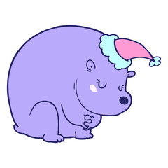 cute hand drawn line drawing of a polar bear wearing santa hat in bright neon color