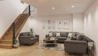 Modern basement living room stylish sectional sofa, plush rug, wooden coffee table. Light hardwood floors, white walls create bright, airy feel. Wooden stairs with metal railings lead to another
