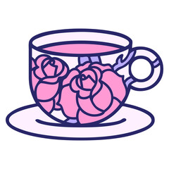 iconic tattoo style image of a cup and flowers in bright neon color