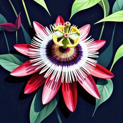 Realistic Passion Flower Against Deep Blue Background: Vibrant Details and Intricate Beauty. A vibrant red and white flower with green leaves.