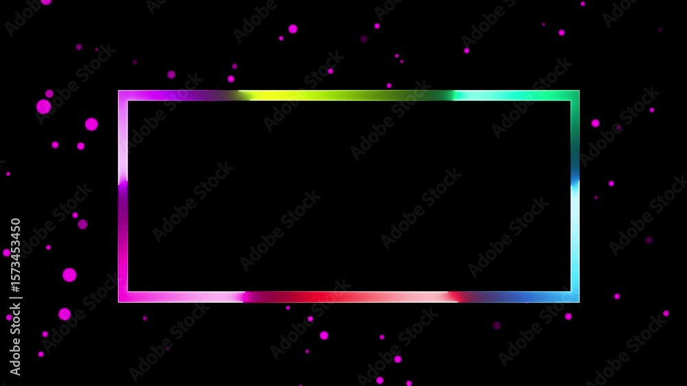 Poster a rectangular frame with a multi-colored gradient glow that shifts around the border, with floating,