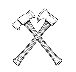 Crossed Axes: A Bold Line Art Illustration of Two Axes, showcasing their wooden handles and sharp blades in a striking monochrome style.