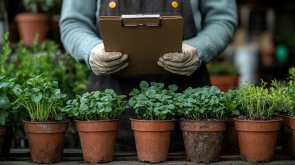 farmer checks planting checklist while surrounded pots of young seedlings in well organized greenhouse focused on hands on agricultural learning