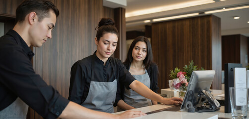 Three hotel staff members work together at modern reception desk. Man in black shirt, apron looks down at computer, two women in similar uniforms assist guests with check-in. Lobby features