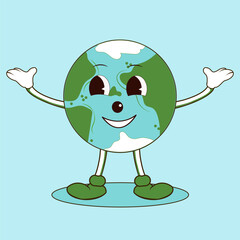 Planet Earth character, mascot, groovy style, on blue background