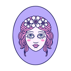tattoo in traditional style of a maiden with flowers in her hair in bright neon color