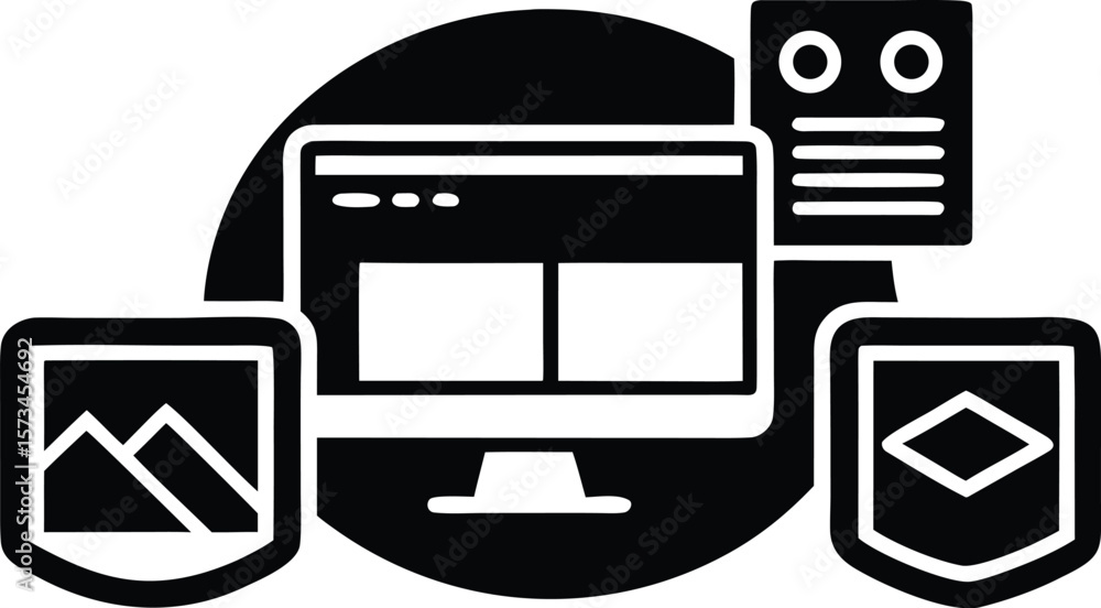 Poster photo of a computer screen displays a website layout surrounded by icons for images and documents