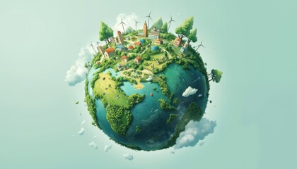 Fototapeta premium Vibrant green globe illustrates eco-friendly cities, wind turbines, and trees. Symbolizes sustainability, harmonious nature relationship, responsible living, and green energy progress.