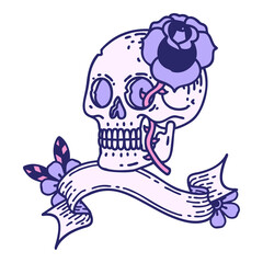 traditional tattoo with banner of a skull and rose in bright neon color
