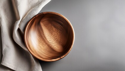 natural linen napkin and wooden bowl on a gray surface