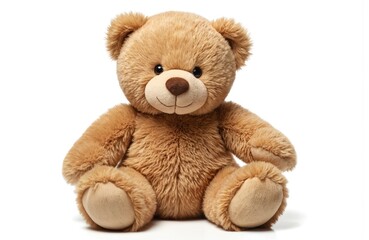 Soft fluffy brown teddy bear sits on a clean white background. This cute cuddly plush toy embodies childhood nostalgia, comfort, and is perfect for gift-giving occasions.