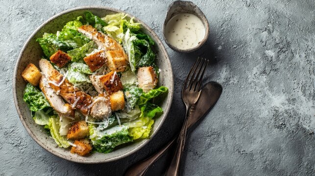 Overhead view of a chicken Caesar salad served on a grey textured surface