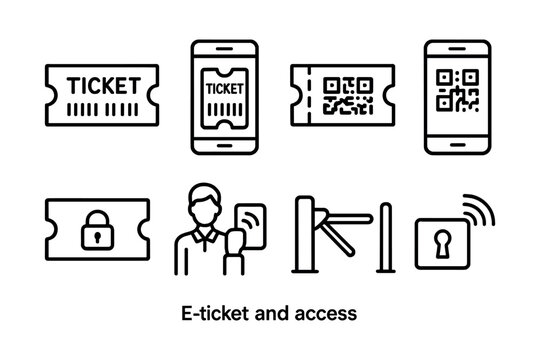 Digital ticket access and security icons featuring e-ticket lock and qr code. Vector illustration in modern thin line style &ndash; stock vector
