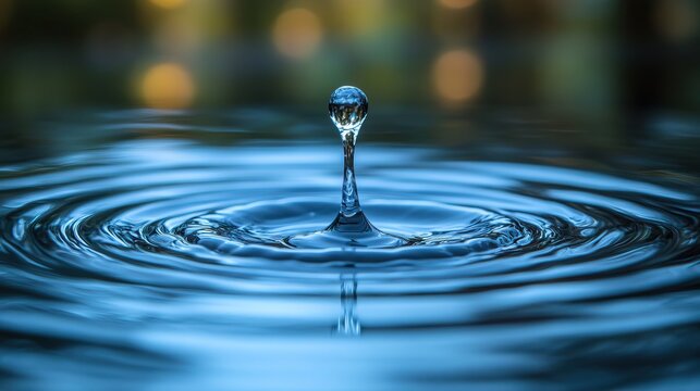 A close-up macro shot capturing the moment a water droplet falls, creating ripples in a blue surface with bokeh.