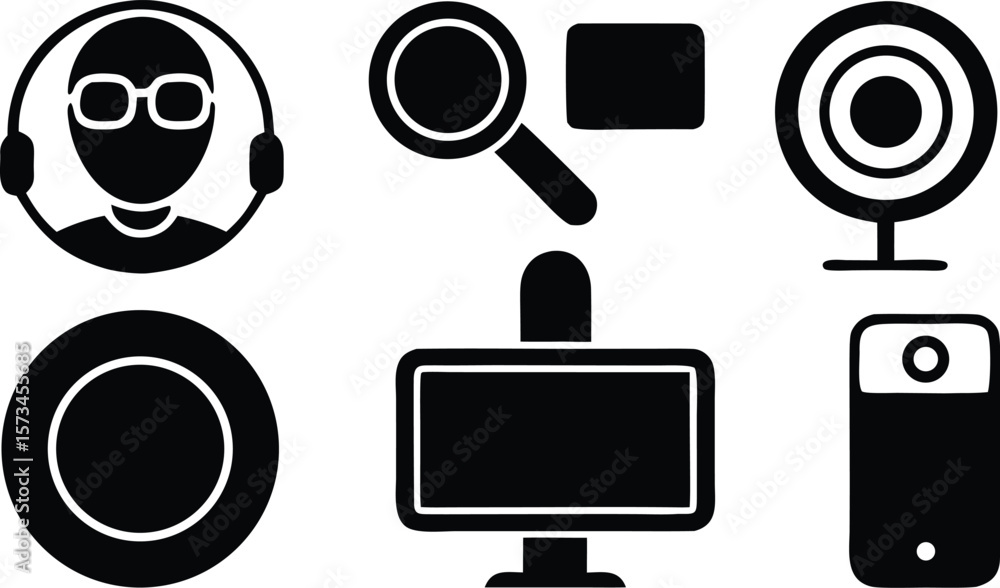 Poster photo of a set of icons depicting various technology and communication devices and user interface el