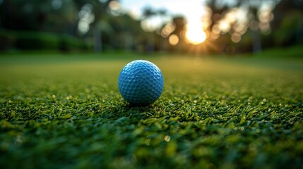 Blue golf ball on a vibrant green, manicured lawn at sunset, bokeh effect