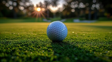 Golf ball on a manicured green, sun rising behind trees, soft focus background