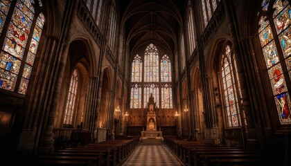 Fototapeta premium Cinematic view of Gothic cathedral interior. Intricate stained glass windows illuminate ornate architecture. Rows of wooden pews lead to altar. Historical landmark offers religious ambiance.