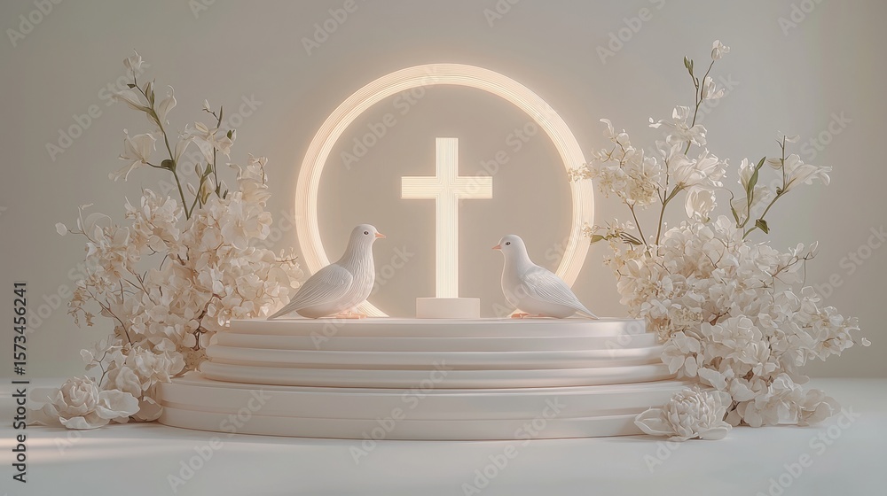 Poster three symbolic elements form minimalist representation of trinity against pure white background