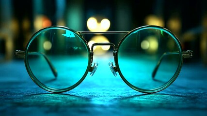 Round framed glasses with blue lenses; bokeh background - Powered by Adobe