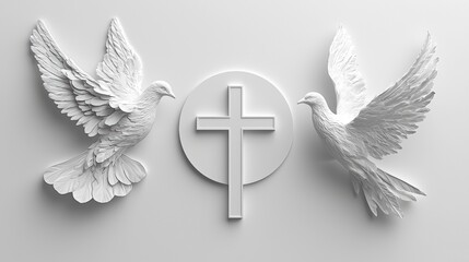 Three symbolic elements embodying Trinity create striking minimalist composition radiant cross, luminous circle, and glowing dove silhouette illuminate pure white background