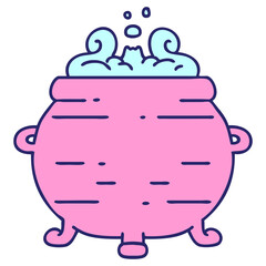 cartoon cauldron bubbling and brimming with magical potions in bright neon color