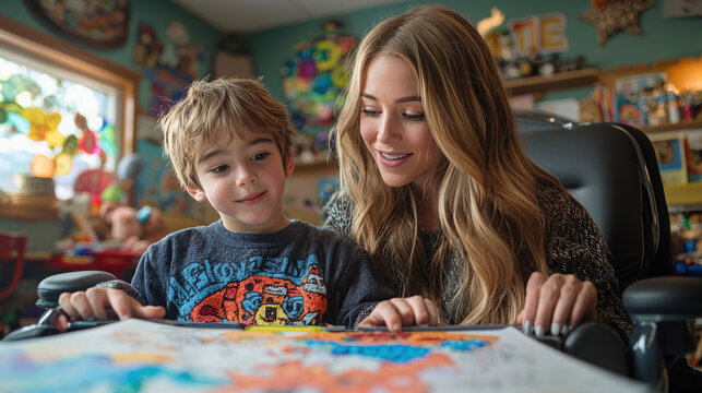 Patient teacher helps young student learning disability explore colorful map in supportive and engaging classroom environment filled educational resources