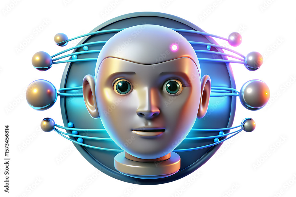 Poster a futuristic robot head with green eyes surrounded by floating spheres and neon blue lines on a dark