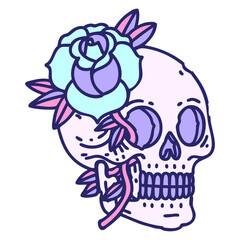 tattoo in traditional style of a skull and rose in bright neon color