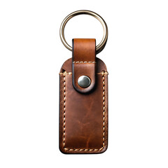 Rustic brown leather keychain holder with metal snap and ring isolated on transparent background