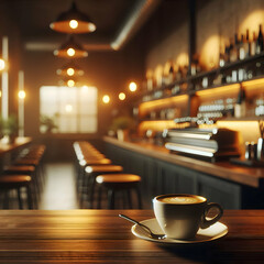 Empty cafe counter with a single espresso cup, warm lighting and blurred shelves in the back